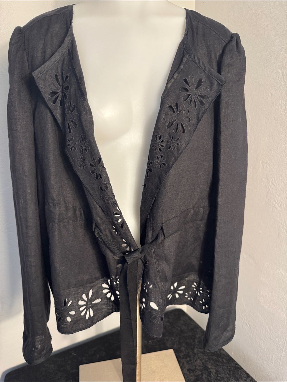 DKNY Pure 100% Linen Crochet Cut‑Out Tie‑Front Jacket – Size 12 – Black